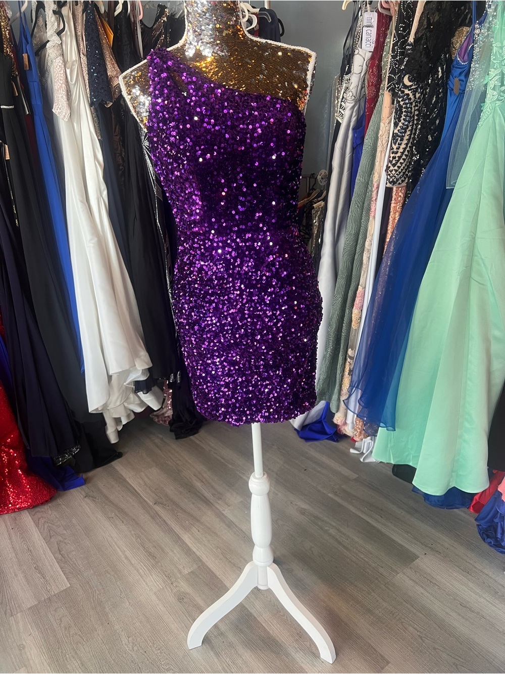 Sequin One-Shoulder Mini Dress in Purple